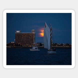 Boston Harbor Sailing in front of the moon Full Moon Sticker